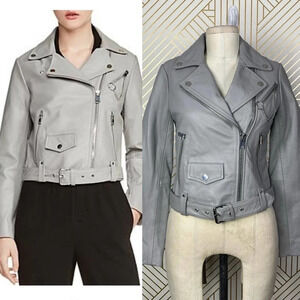 MAJE‎ Bassung Belted Leather Motorcycle Jacket Gray